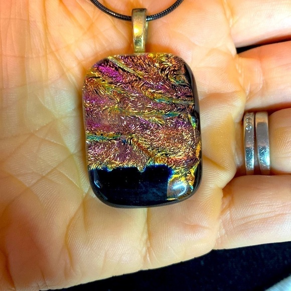 FUSED Glass Rectangular Pendant with metallic golds, pink, peach, green, black - Picture 3 of 4